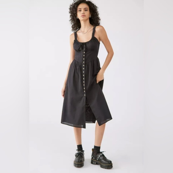 ASOS UO Azelia Button Midi Dress Black Buttoned Spaghetti Strap Sundress Size 6 - Picture 1 of 16